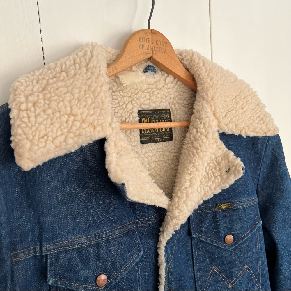 Vtg Maverick Ranch Coat Blue Denim Sherpa Lined Snap Western Jacket Large - USA - Picture 2 of 8